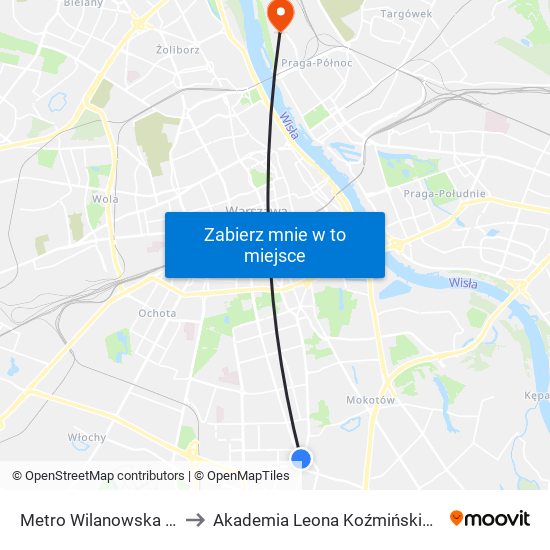 Metro Wilanowska to Akademia Leona Koźmińskiego map