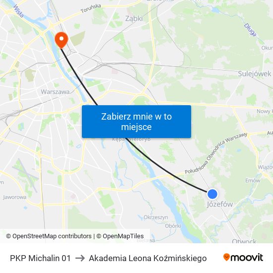 PKP Michalin 01 to Akademia Leona Koźmińskiego map