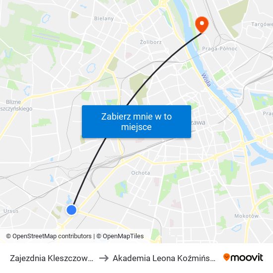 Zajezdnia Kleszczowa 01 to Akademia Leona Koźmińskiego map