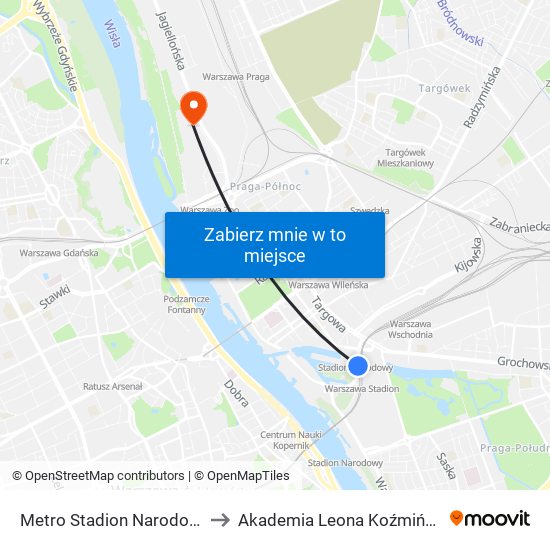 Metro Stadion Narodowy to Akademia Leona Koźmińskiego map