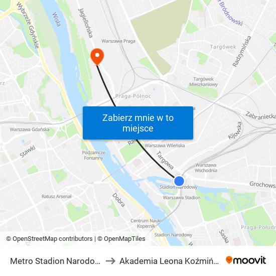 Metro Stadion Narodowy to Akademia Leona Koźmińskiego map