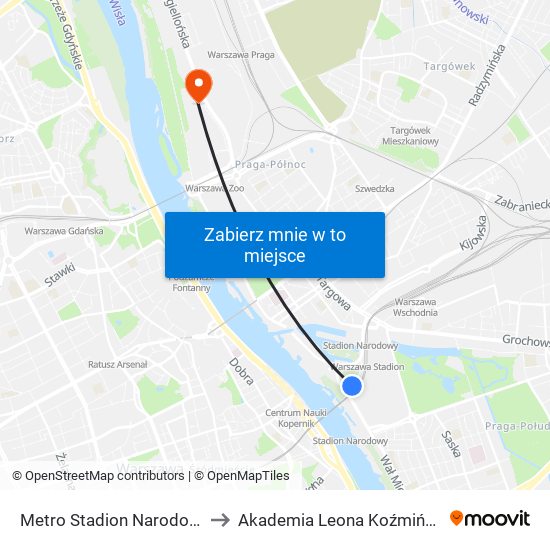 Metro Stadion Narodowy to Akademia Leona Koźmińskiego map