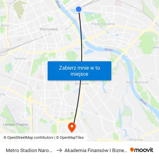 Metro Stadion Narodowy 12 to Akademia Finansów I Biznesu Vistula map