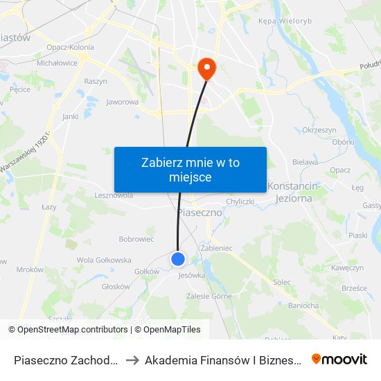 Piaseczno Zachodnia 02 to Akademia Finansów I Biznesu Vistula map