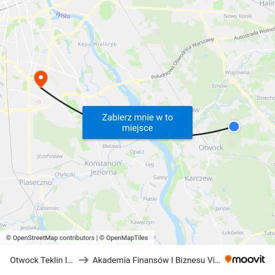 Otwock Teklin II to Akademia Finansów I Biznesu Vistula map