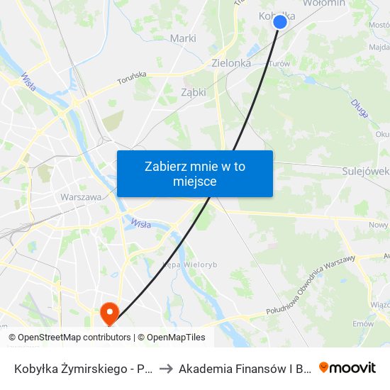 Kobyłka Żymirskiego - Przychodnia 02 to Akademia Finansów I Biznesu Vistula map