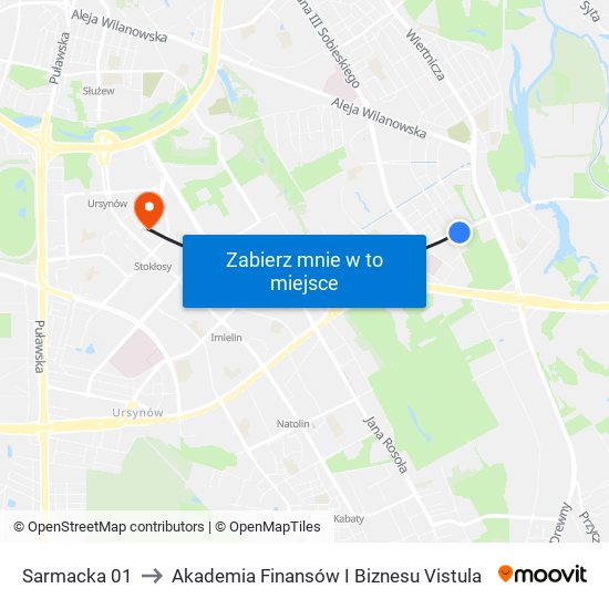 Sarmacka 01 to Akademia Finansów I Biznesu Vistula map