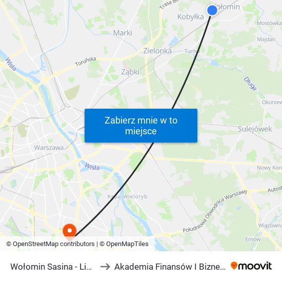 Wołomin Sasina - Liceum 01 to Akademia Finansów I Biznesu Vistula map