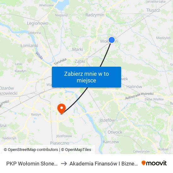 PKP Wołomin Słoneczna 02 to Akademia Finansów I Biznesu Vistula map