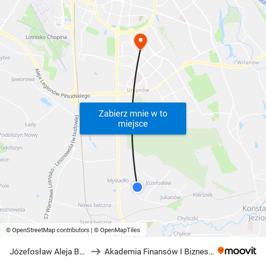 Józefosław Aleja Bzów 02 to Akademia Finansów I Biznesu Vistula map