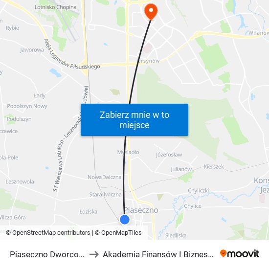 Piaseczno Dworcowa 01 to Akademia Finansów I Biznesu Vistula map