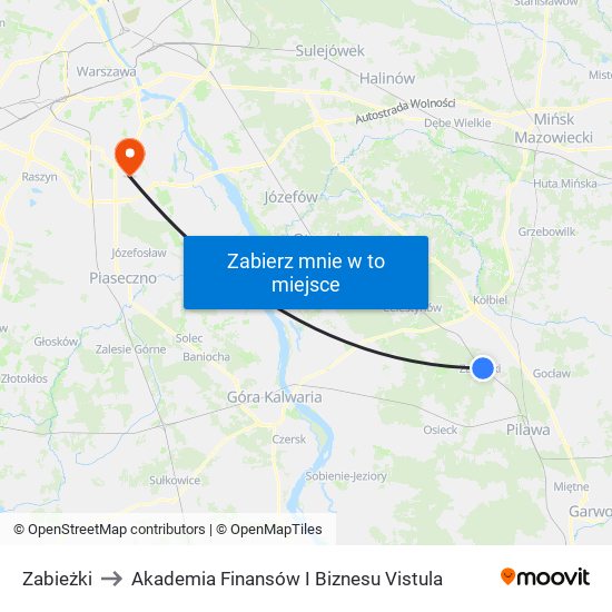 Zabieżki to Akademia Finansów I Biznesu Vistula map