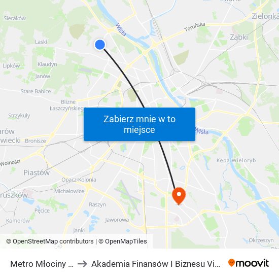 Metro Młociny 24 to Akademia Finansów I Biznesu Vistula map