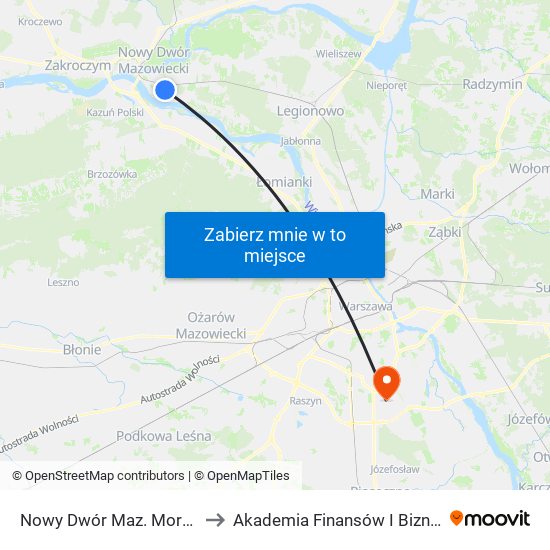 Nowy Dwór Maz. Morawicza 01 to Akademia Finansów I Biznesu Vistula map