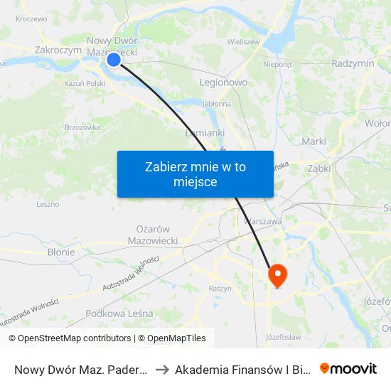 Nowy Dwór Maz. Paderewskiego 01 to Akademia Finansów I Biznesu Vistula map