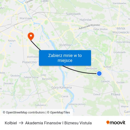 Kołbiel to Akademia Finansów I Biznesu Vistula map