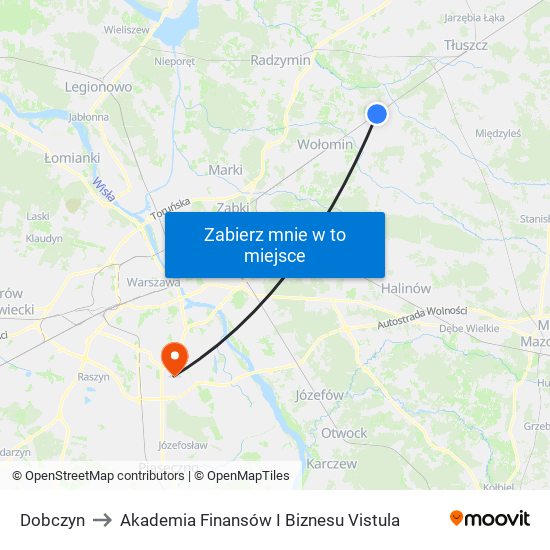 Dobczyn to Akademia Finansów I Biznesu Vistula map