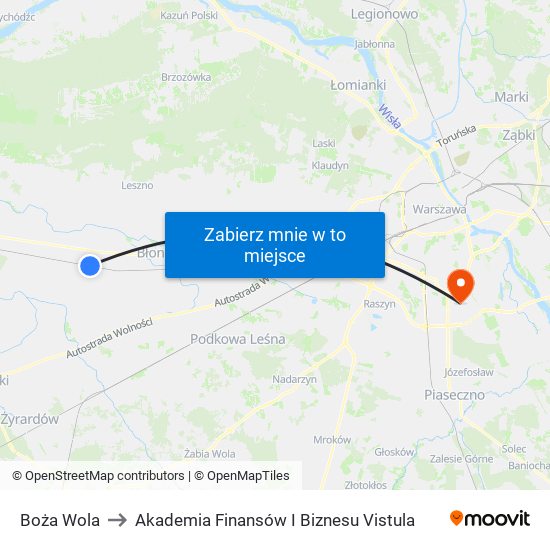 Boża Wola to Akademia Finansów I Biznesu Vistula map