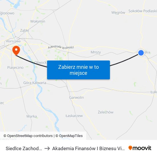 Siedlce Zachodnie to Akademia Finansów I Biznesu Vistula map