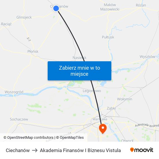 Ciechanów to Akademia Finansów I Biznesu Vistula map