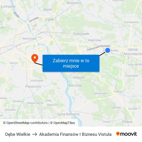 Dębe Wielkie to Akademia Finansów I Biznesu Vistula map