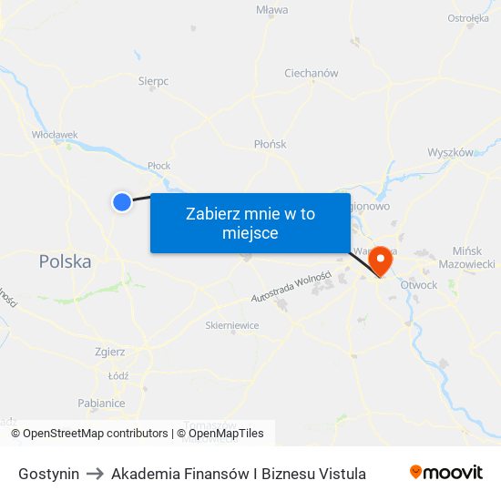 Gostynin to Akademia Finansów I Biznesu Vistula map