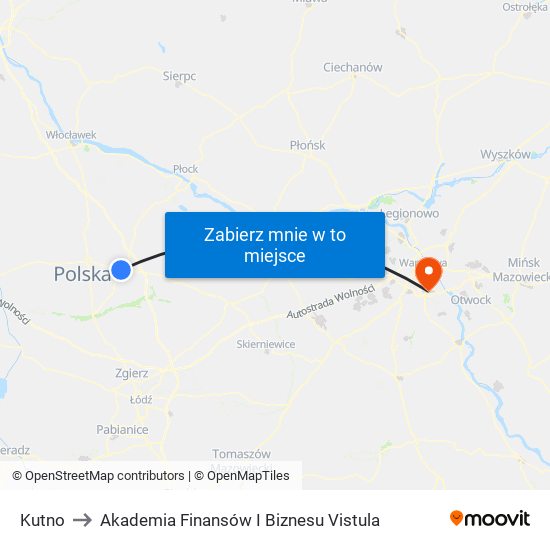 Kutno to Akademia Finansów I Biznesu Vistula map