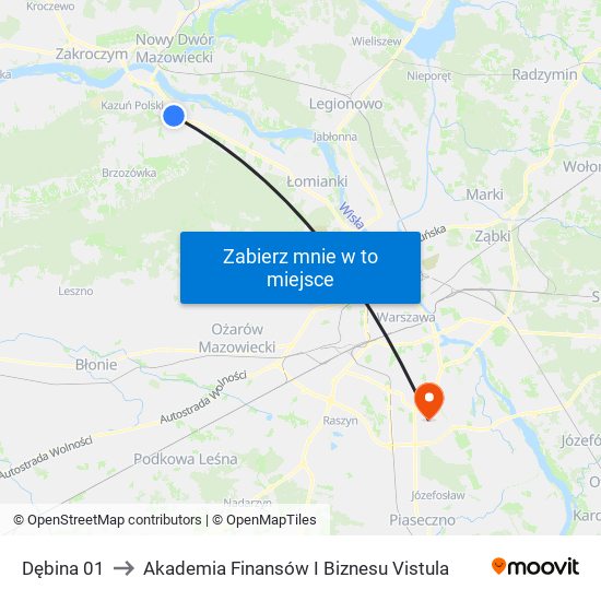 Dębina 01 to Akademia Finansów I Biznesu Vistula map