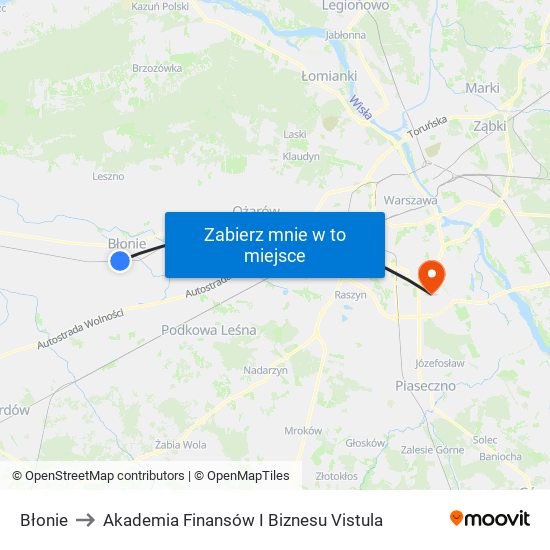 Błonie to Akademia Finansów I Biznesu Vistula map