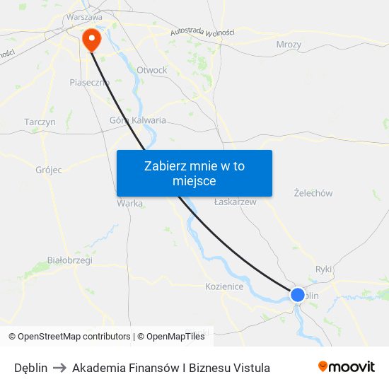 Dęblin to Akademia Finansów I Biznesu Vistula map