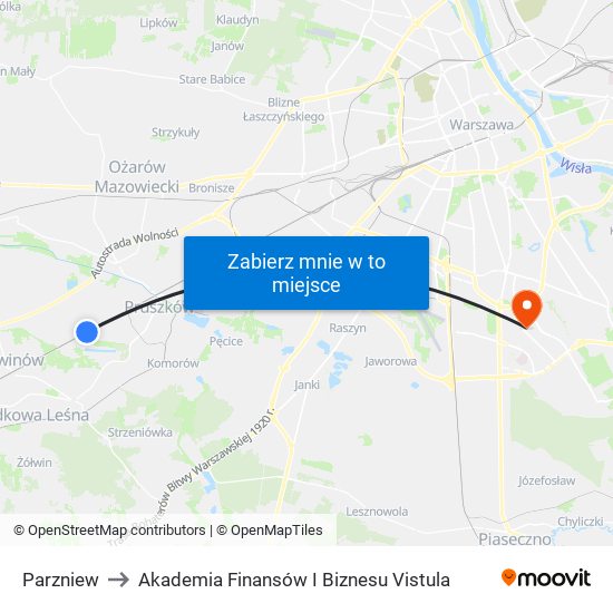 Parzniew to Akademia Finansów I Biznesu Vistula map