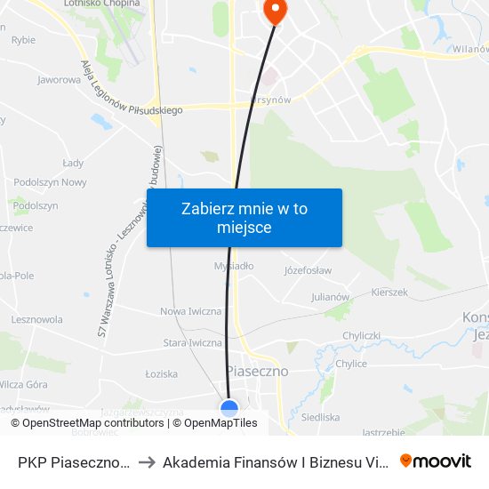 PKP Piaseczno 07 to Akademia Finansów I Biznesu Vistula map