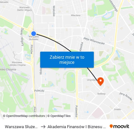 Warszawa Służewiec to Akademia Finansów I Biznesu Vistula map