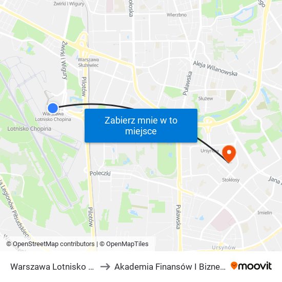 Warszawa Lotnisko Chopina to Akademia Finansów I Biznesu Vistula map