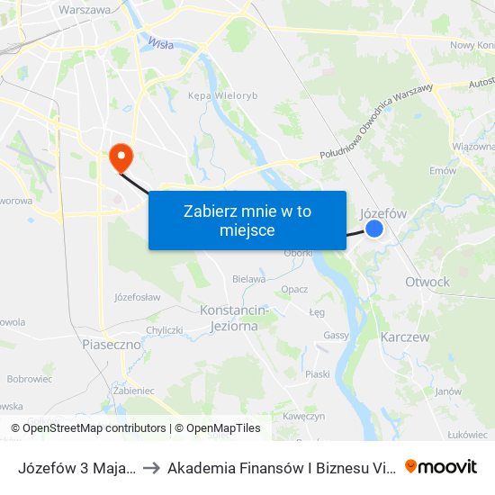 Józefów 3 Maja 02 to Akademia Finansów I Biznesu Vistula map