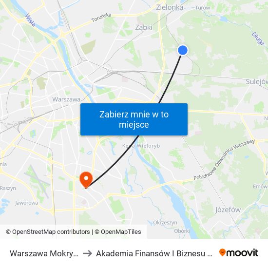 Warszawa Mokry Ług to Akademia Finansów I Biznesu Vistula map