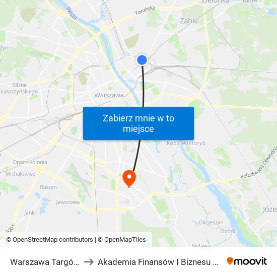 Warszawa Targówek to Akademia Finansów I Biznesu Vistula map