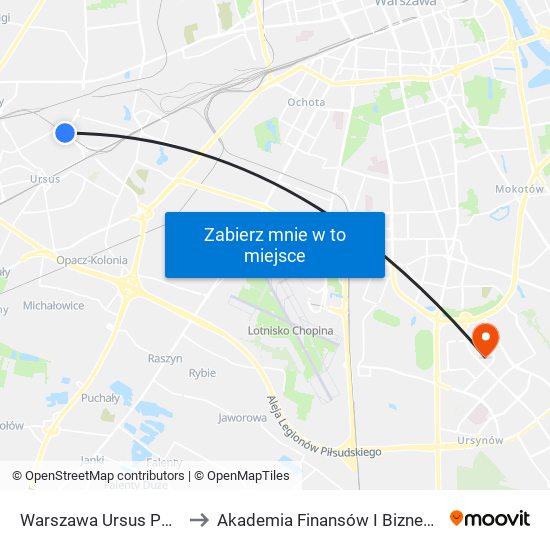 Warszawa Ursus Północny to Akademia Finansów I Biznesu Vistula map