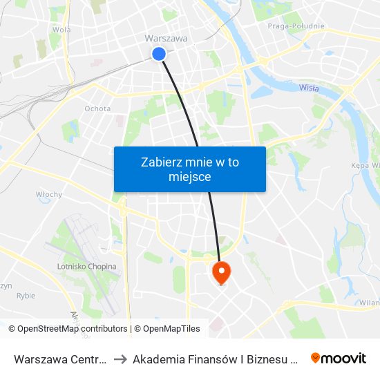 Warszawa Centralna to Akademia Finansów I Biznesu Vistula map