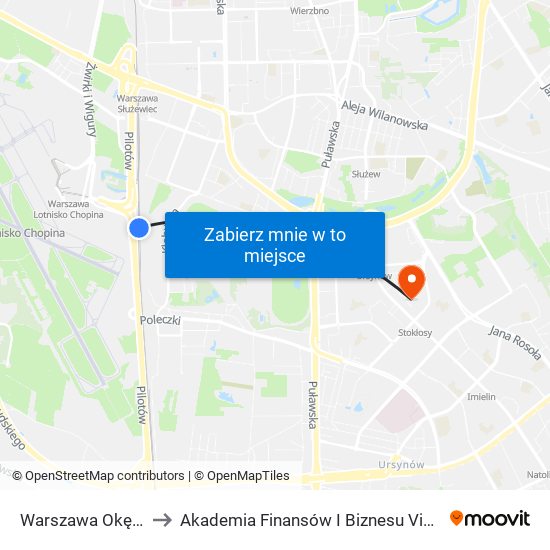 Warszawa Okęcie to Akademia Finansów I Biznesu Vistula map