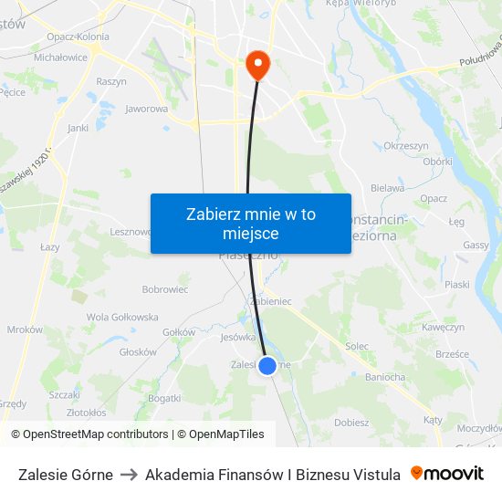 Zalesie Górne to Akademia Finansów I Biznesu Vistula map