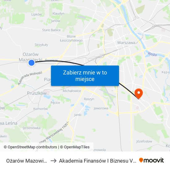 Ożarów Mazowiecki to Akademia Finansów I Biznesu Vistula map