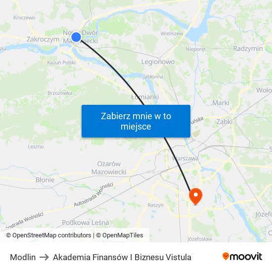 Modlin to Akademia Finansów I Biznesu Vistula map