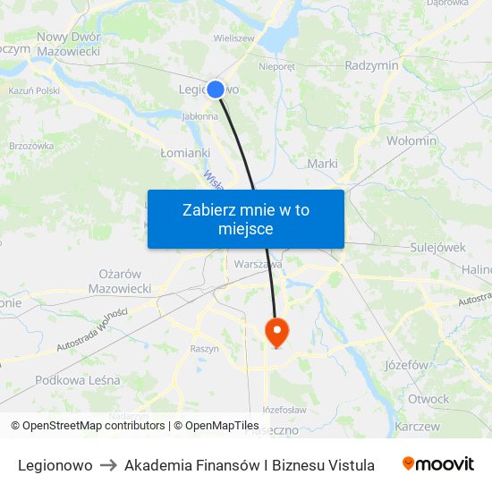 Legionowo to Akademia Finansów I Biznesu Vistula map