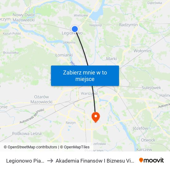 Legionowo Piaski to Akademia Finansów I Biznesu Vistula map