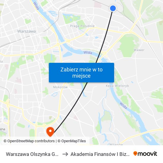 Warszawa Olszynka Grochowska to Akademia Finansów I Biznesu Vistula map