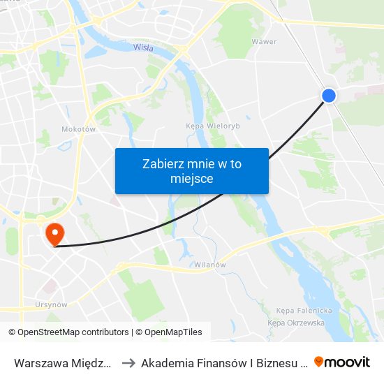 Warszawa Międzylesie to Akademia Finansów I Biznesu Vistula map