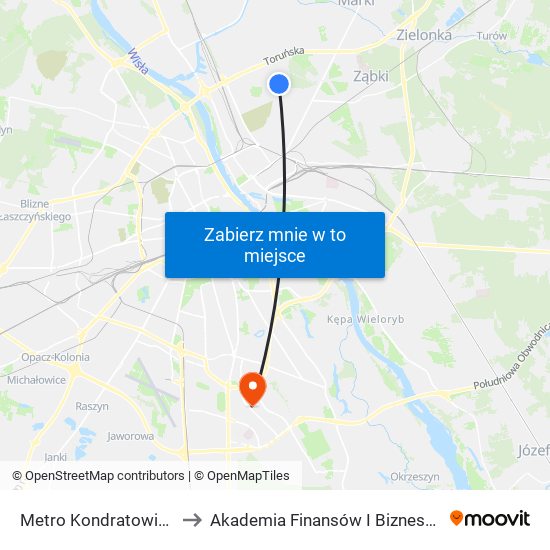 Metro Kondratowicza 06 to Akademia Finansów I Biznesu Vistula map