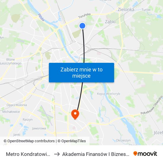 Metro Kondratowicza 08 to Akademia Finansów I Biznesu Vistula map