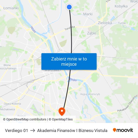 Verdiego 01 to Akademia Finansów I Biznesu Vistula map